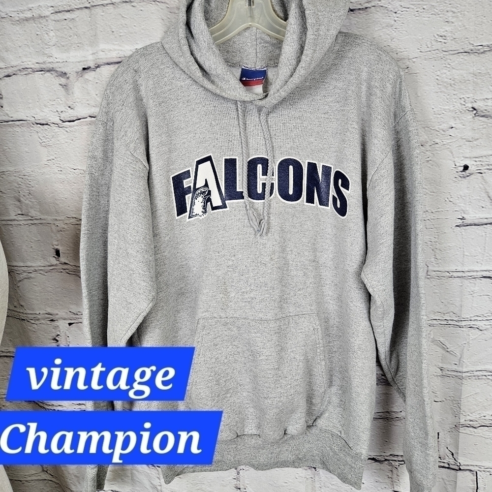 Vintage Champion Falcons Hoodie Grey & Blue Letters VGUC Single Stitch